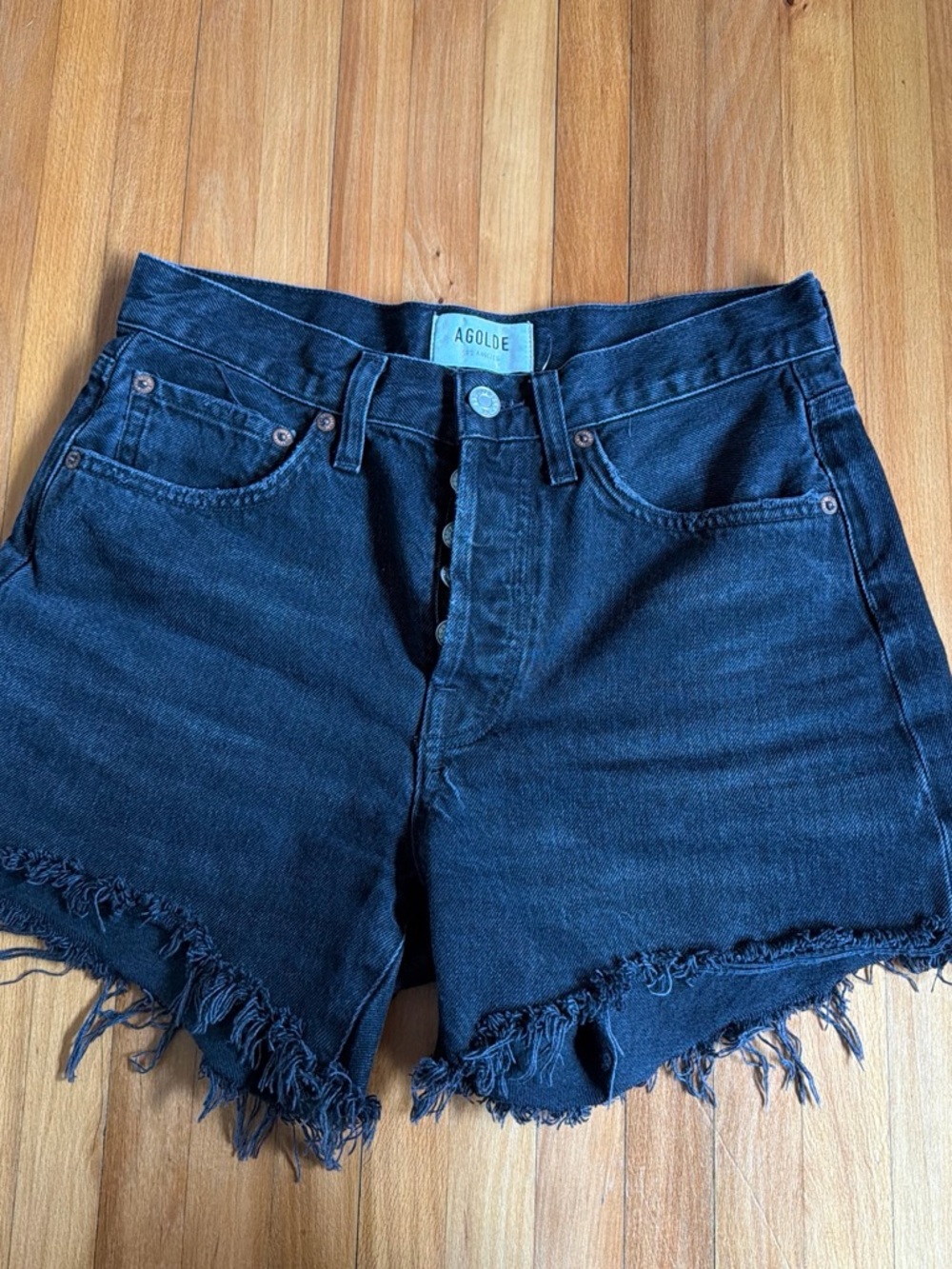 Agolde Dark Black Frayed Hem High-Rise Jean Shorts
